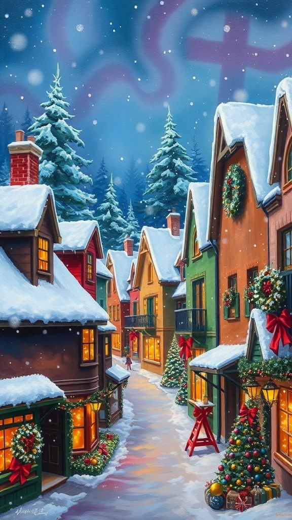 A vibrant Christmas Town painting with colorful houses, snow, and festive decorations.